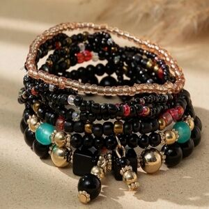 Elegant Black, Clear, and Gold Beaded Stack Bracelet Set